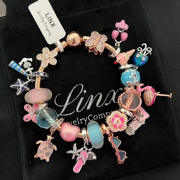 Linx Rose Gold Snake Chain Bracelet with Beach and Summer Themed Charms